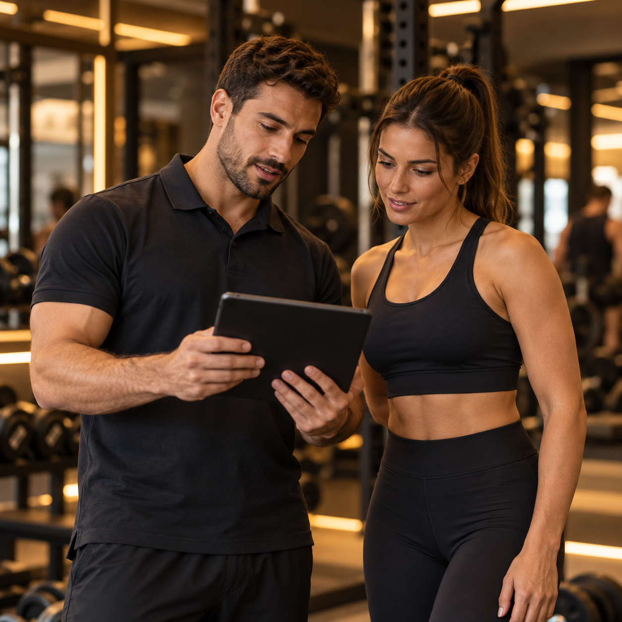 Profissional e aluna consultando juntos um tablet em um ambiente de treino